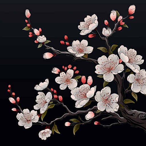 vector art, black backround, 2D, japanese blossom, one blossom