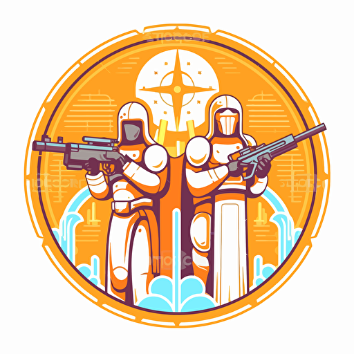 2d vector icon. holy hunters with machine guns searching for glory. white background