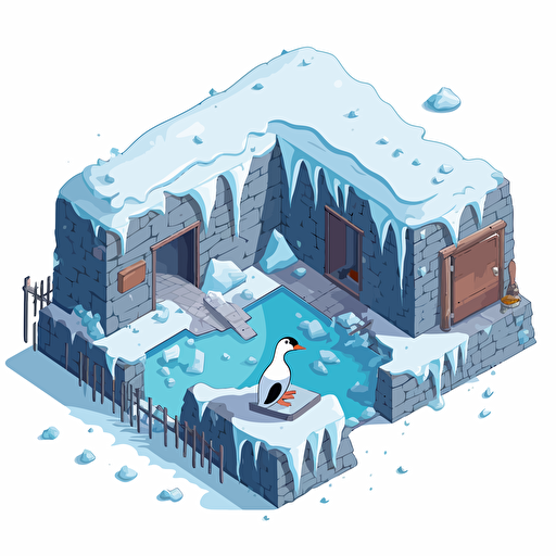 isometric cartoon vector style image of an icy enclosure, dirty, broken, no animals