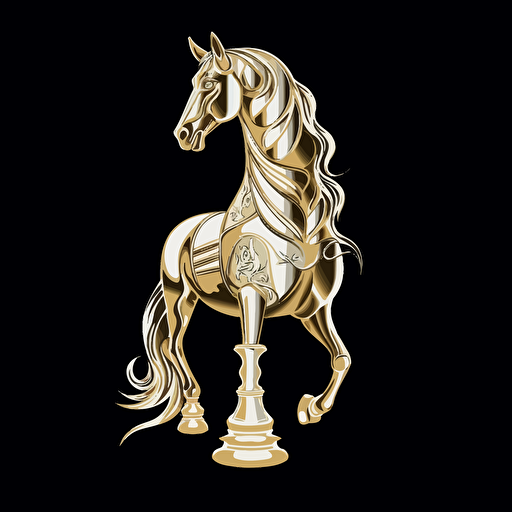 a horse chess piece, vector art, gold and white color, black background