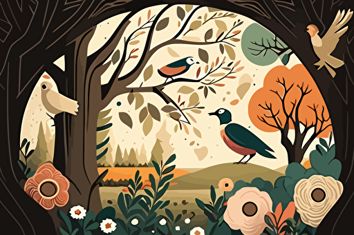 Create a stylized, vector-friendly nature scene featuring trees, birds, and flowers in flat, earthy colors
