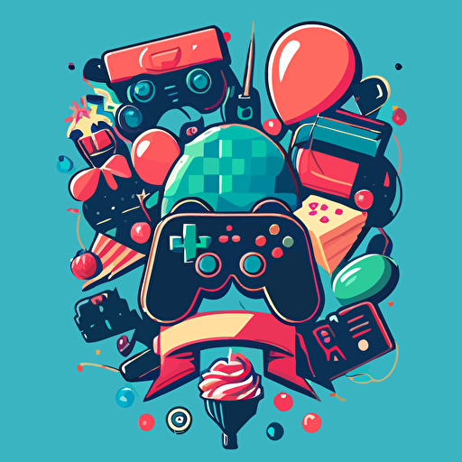 happy birthday mixed with gaming, balloons, cakes and gaming stuff, vector gaphics, flat background ar