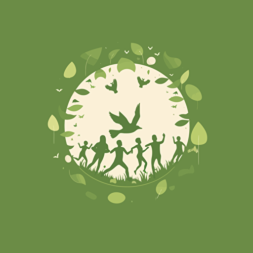logo, vector arts, minimalist, clean SVG, In a lush green forest, the sun shines down on a group of friends who are laughing and playing together. They're surrounded by the sounds of nature