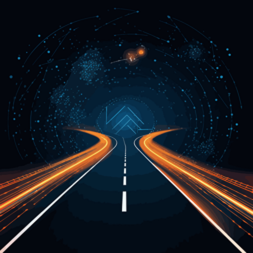 A picture of a road that symbolize future, XR as a service, learning, Vector Syle, dark background, blue, white, orange