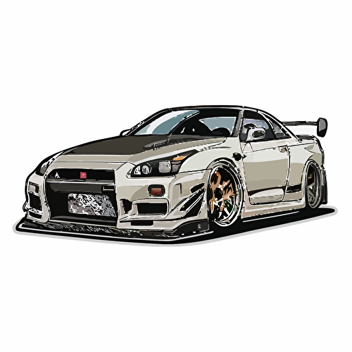 1999 Nissan GTR, Sticker, vector, white background, high detail cartoon