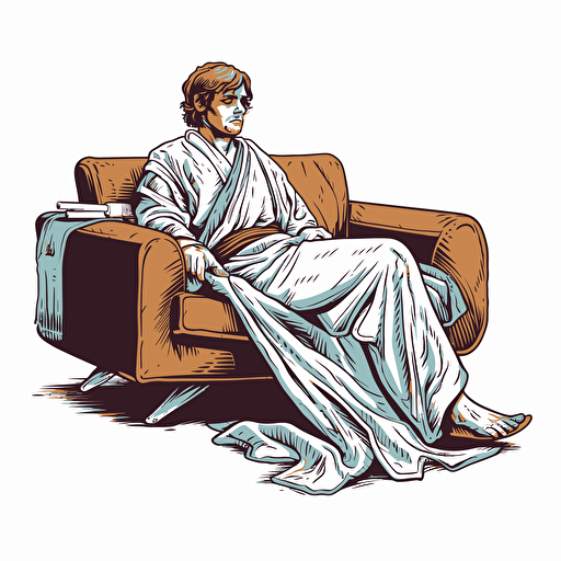 luke skywalker in jedi robes, holding an activated functioning lightsaber weapon in hand, lying down on a chaise lounge looking confused, cartoon comic book style vector drawing white background
