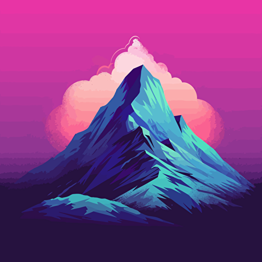 design, only use pink, purple, light blue and white, mountain peak surrounded by energy, vector image, styilized