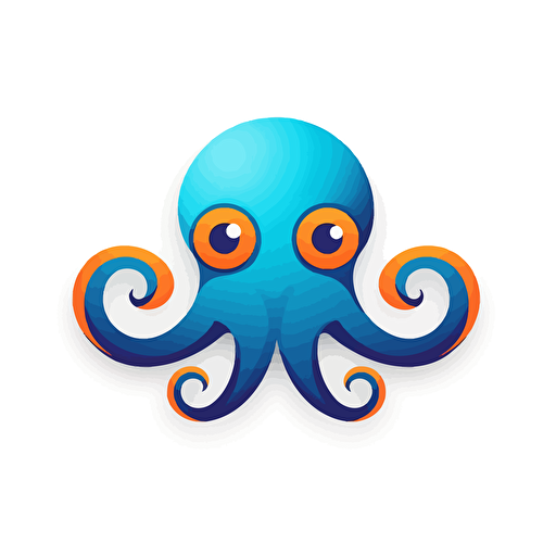 create a modern, minimalist but colourful blue and orange logo on white background of happy octopus in flat vector art style