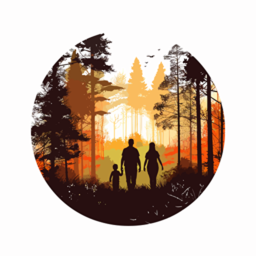 show me a poster of a family enjoying the sunset in the forest. ecofriendly. vector style over white background.