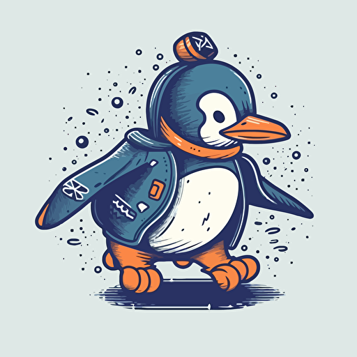 Penguin, Ice Skating, Cool blues and orange evoke mystery, Intricate details add depth and texture, Comic vector illustration style, flat design, minimalist logo, minimalist icon, flat icon, adobe illustrator, cute, simple