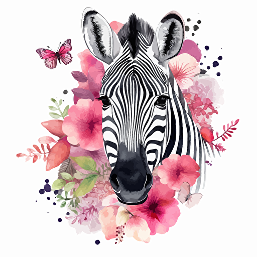 zebra, floral, detailed, cartoon style, 2d watercolor clipart vector, creative and imaginative, hd, white background