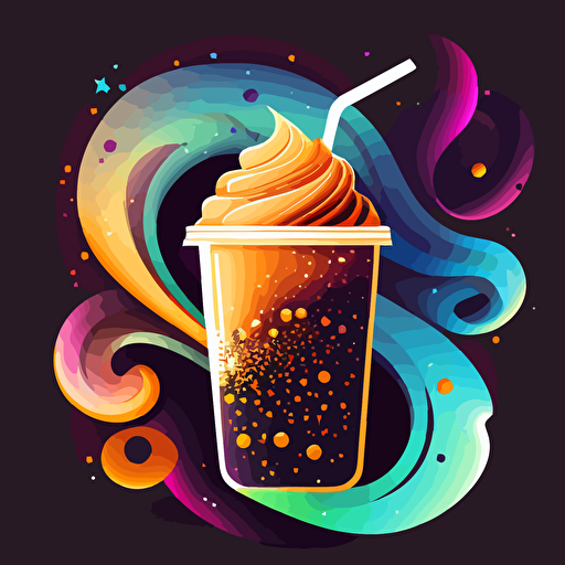 colorful vector art, boba tea caramel flavor, galaxy as background with colorful swirls
