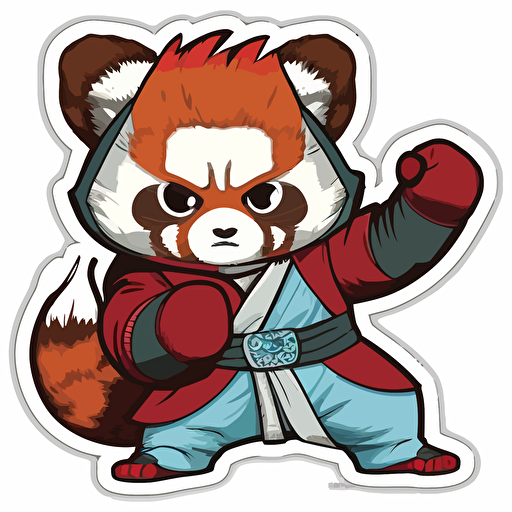 sticker, happy red panda in katate outfit doing karate, colorful, kawaii, vector, contour, white background
