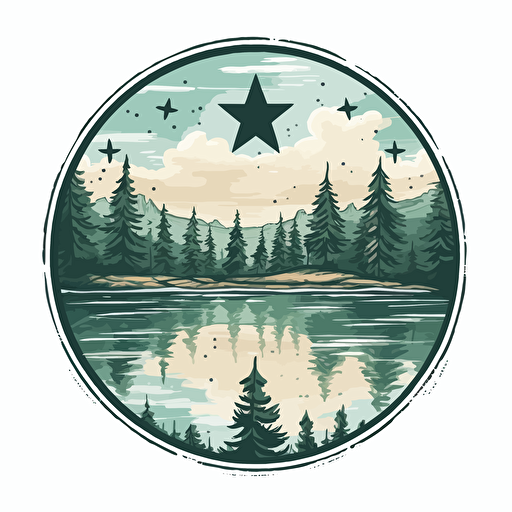 5 point star in the sky over a lake, pine trees, sketch art, logo design, vector style image, adobe illustrator style design, minimalistc, inspirational,