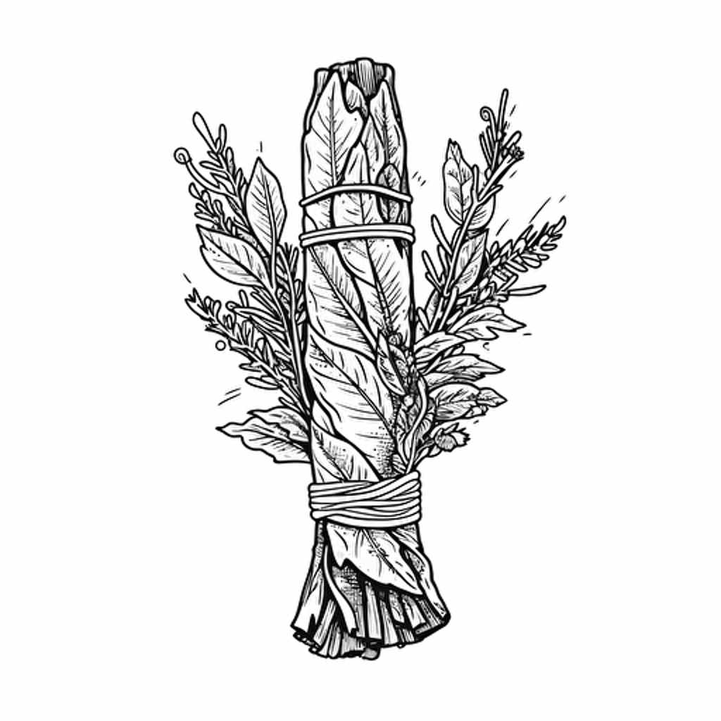 sage stick, smudge stick, vector style, 2d, outline in black, white background