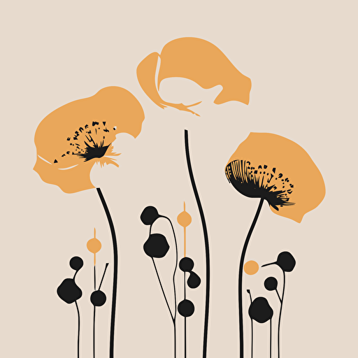 3 golden poppies, minimalist, cartoon art, vector, no backround