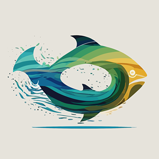 flat vector logo of a fish morphing out of a wave, blues, greens, earth tones by paul rand