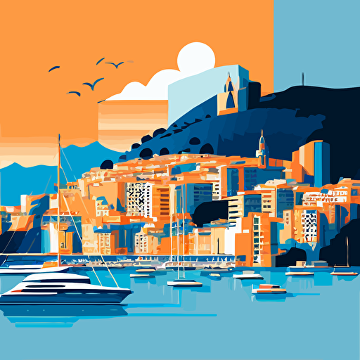 Simple vector drawing of the Monaco skyline, uncluttered, using only blue and orange colours. There are yachts in the harbour and several tall skyscrapers. There is a hill in the background and a blue sky.