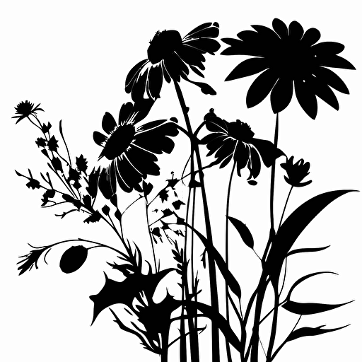 silhouette of a flowers, vector drawing, black, white background