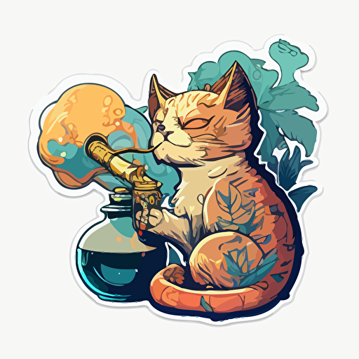 Cat smoking a bong, Sticker, Relaxed, Warm colours, anime, Contour, Vector, white background, Detailed