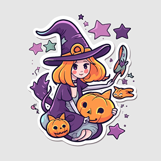 witchy, Sticker, Cute, Tertiary Color, kinetic art style, Contour, Vector, White Background, Detailed