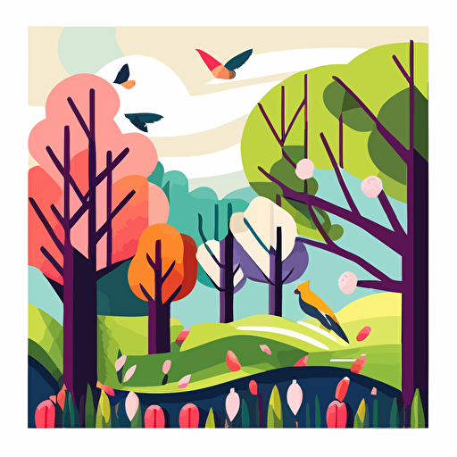 flat vector of spring scene with block colours. Bright with a light background