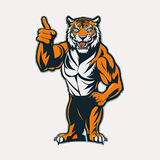 a tiger from the waist up, holding up an index finger to signal number one, as a logo for a sports team, simple, vector