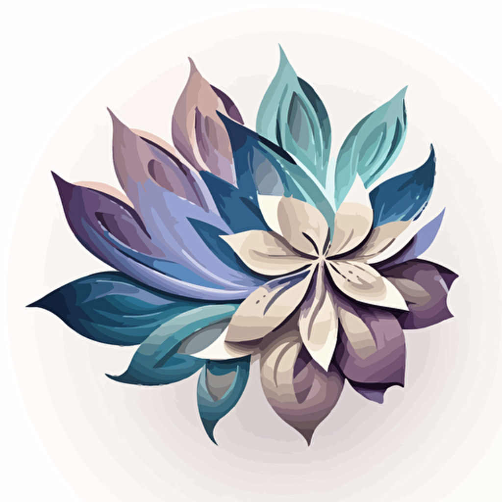 a vector image style logo of a lotus flower with light purples and blues and a white background