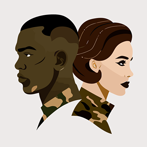 A vector image is to be used as an icon. Two people. One male African male with a short military-style haircut. And a white female with long brunette dark hair. They are facing each other.