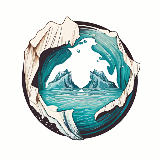 Vector artwork, of two icebergs inside a circular ice crystal, minimalistic, simple, color woodcut artwork, vector, logotype, white background