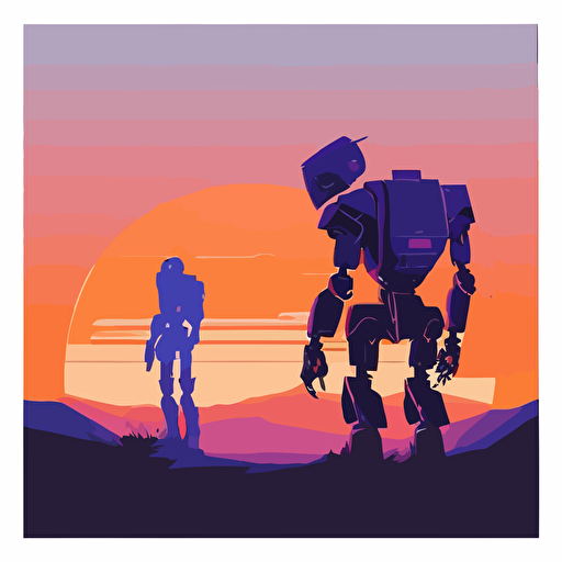 Artificial intelligence fights robots on the planet,flat vector， blue purple orange gradient， simple minimal， by Ivan Chermayeff