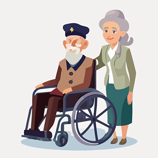 vector, female smiling caretaker, old man in wheelchair, white background