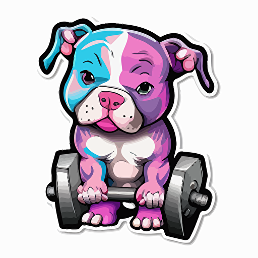 vector happy pitbull puppy sitting next to a dumbell sticker+ white background + vibrant pink and purple+ cartoon