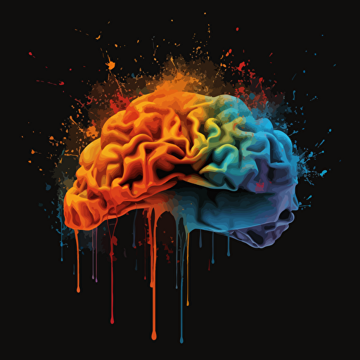 A picture of a brain outputing colors that symbolize creativity, expertise, Vector Syle, dark background, blue, white, orange