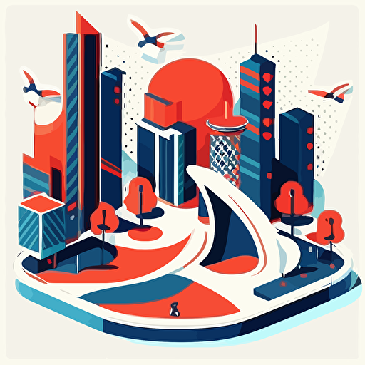 shallow flat vector illustration of a skatepark in Tokio, Tokio buildings at background, white background, dark blue and red colors