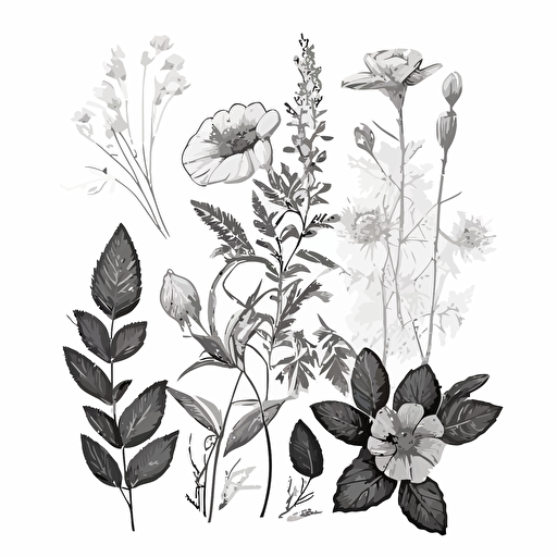 pdf vector drawing of florals and botanicals, black and white, fine line