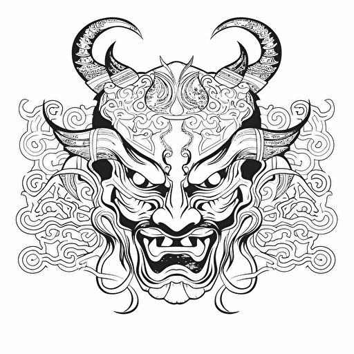 japanese mask demon samurai ignorant style No Shadow. Cartoon. Coloring page. Vector. Simple.