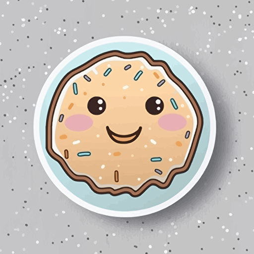 sticker, donut with sprinkles, cute small face. kawaii, contour, vector, white border, gray background