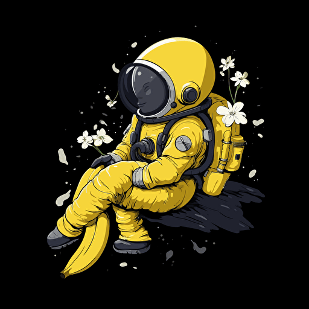 2d vector art, banana-shaped astronaut floating, yellow pallete, low saturation, digital art, black background