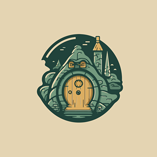 logo design, flat 2d vector logo of a hobbit hole, muted green and gold colors, 80s, lord-of-the-rings-inspired