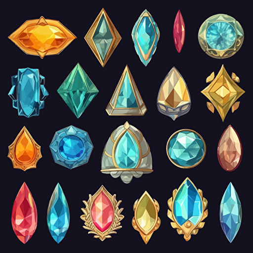Collection of mythological cut jewels, hindu, translucent, shiny object, high detail, symmetrical, vector, cartoon
