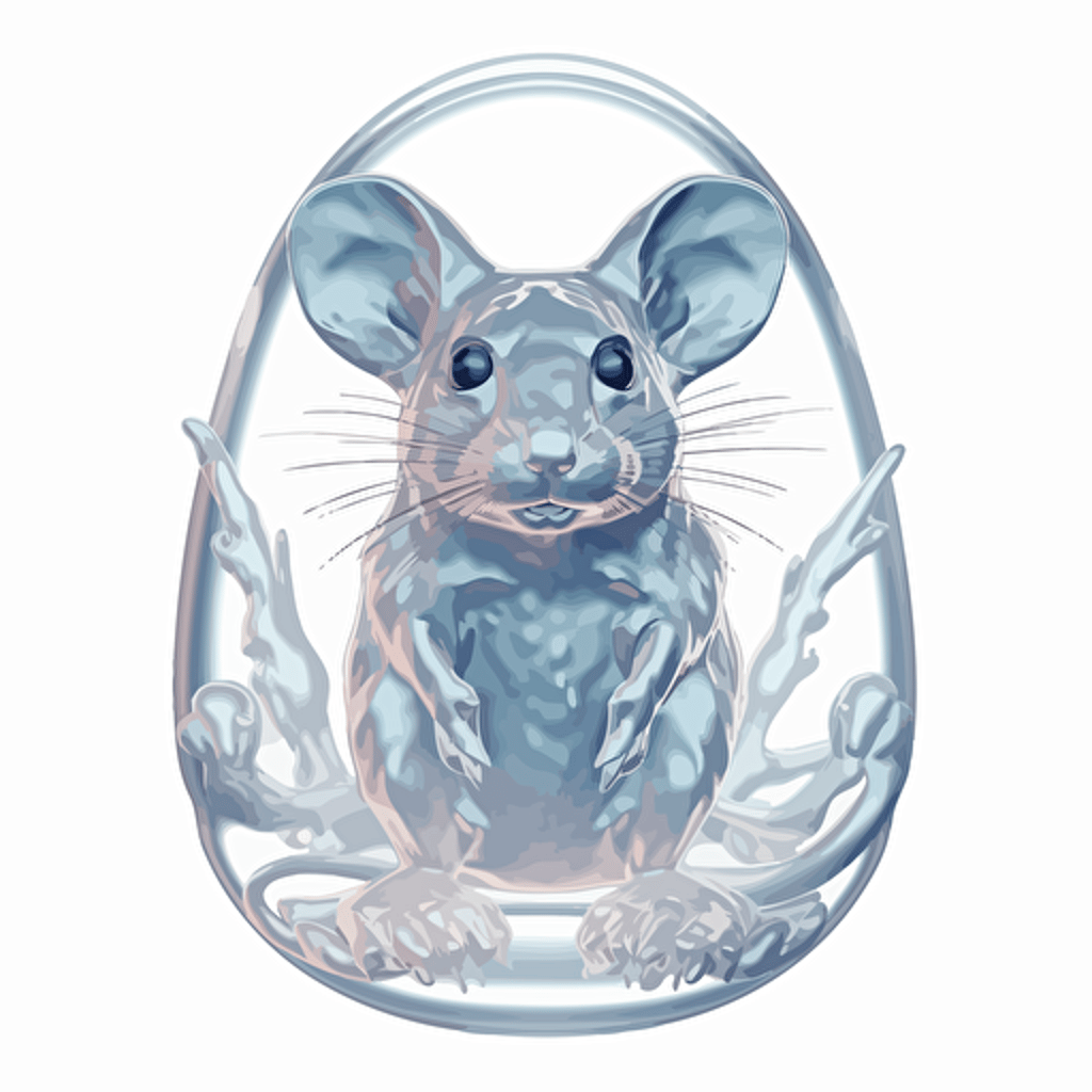 a laboratory mouse vector art, the mouse is made from transparent gel. the brain of the mouse is exposed and visible in the head of the mouse and the brain is white