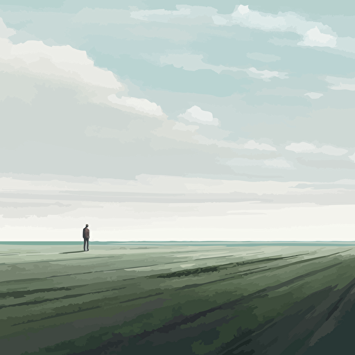 wide shot, person on empty field, oilpainting, minimalist, high detail, vector