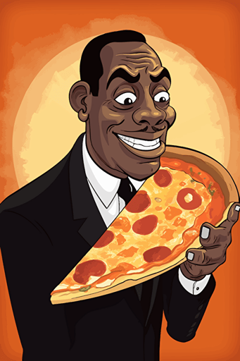 black man in a black suit showing you a big cheesy slice of pizza, cartoon style, vector art, by Ralph Bakshi and John K., in the style of Ren & Stimpy