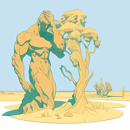 giant statue submerged in desert sand surrounded by yucca trees by moebius, comic book style, 2d vector art, flat colors