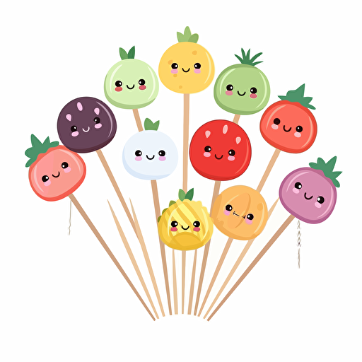 Kawaii toothpick fruit garnish, flat, 2D, vector, 16 colors, white background, in anime chibi style