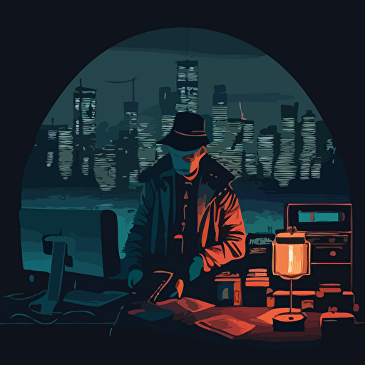 Influenced by the classic detective stories, create a vector illustration of Satoshi Nakamoto as a mysterious detective, solving a case related to a cryptocurrency heist. Set the scene in a dimly lit office with a cityscape in the background.