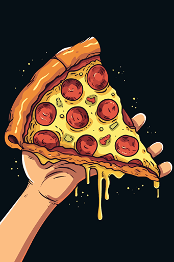 a perfect hand holding a big cheesy slice of pizza, cartoon style, vector art, by Hannah Barbara and John K., in the style of Ren & Stimpy