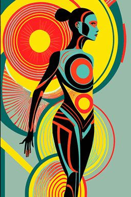 Cyborg, Concept art, stylized, in the style of Lauren Tamaki, Sonia Delaunay, Jon Mcnaught, Lisa Congdon, beksinski, solid colours, vectorised