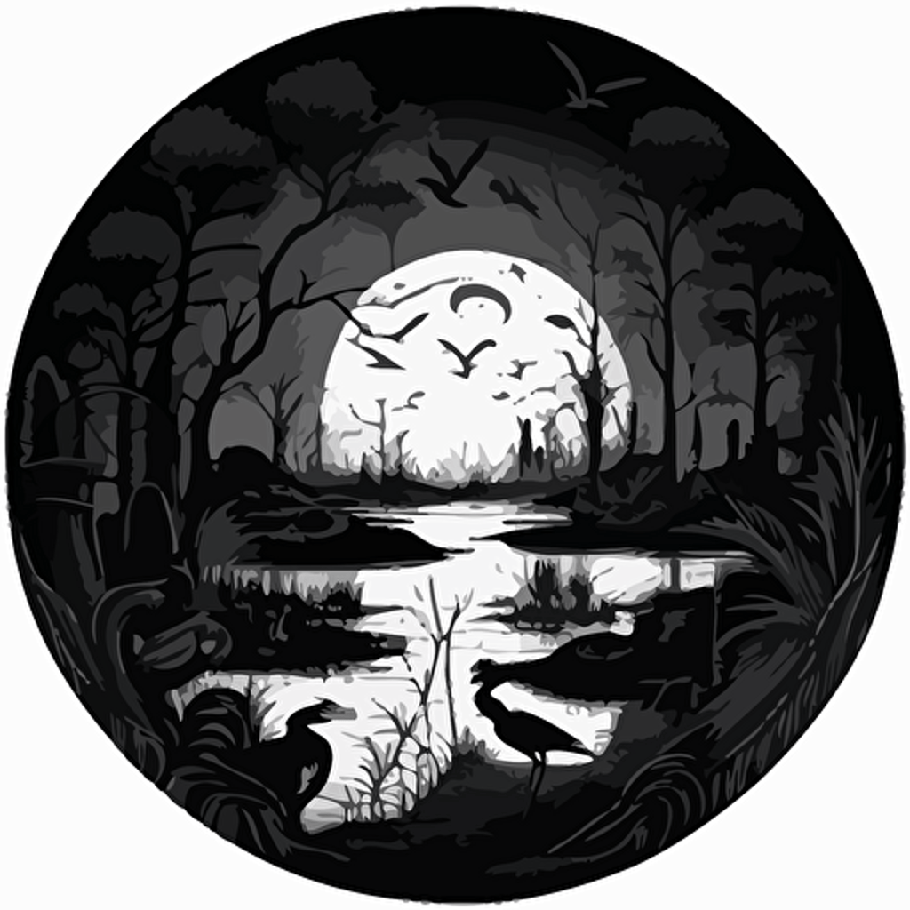 black and white drawing of a fantastical, dark, occult swamp, 700mm diameter circular image with black outer border, vector